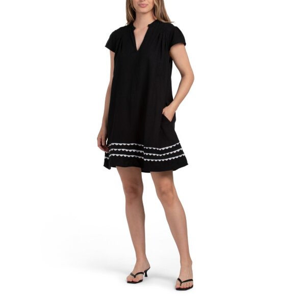 4 OUR DREAMERS Black Linen Blend Mini Dress With Ric Rac Trim - Picture 1 of 2